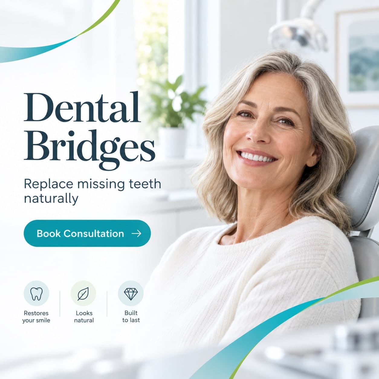 Pure Elegant Smile graphic reading “Dental Bridges — replace missing teeth naturally”, beside a woman smiling in the dental chair