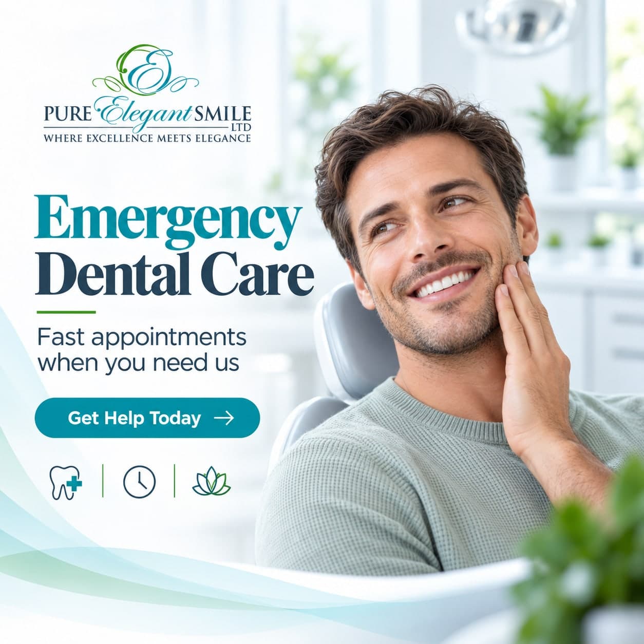 Pure Elegant Smile graphic reading “Emergency Dental Care — fast appointments when you need us”, beside a man holding the side of his jaw