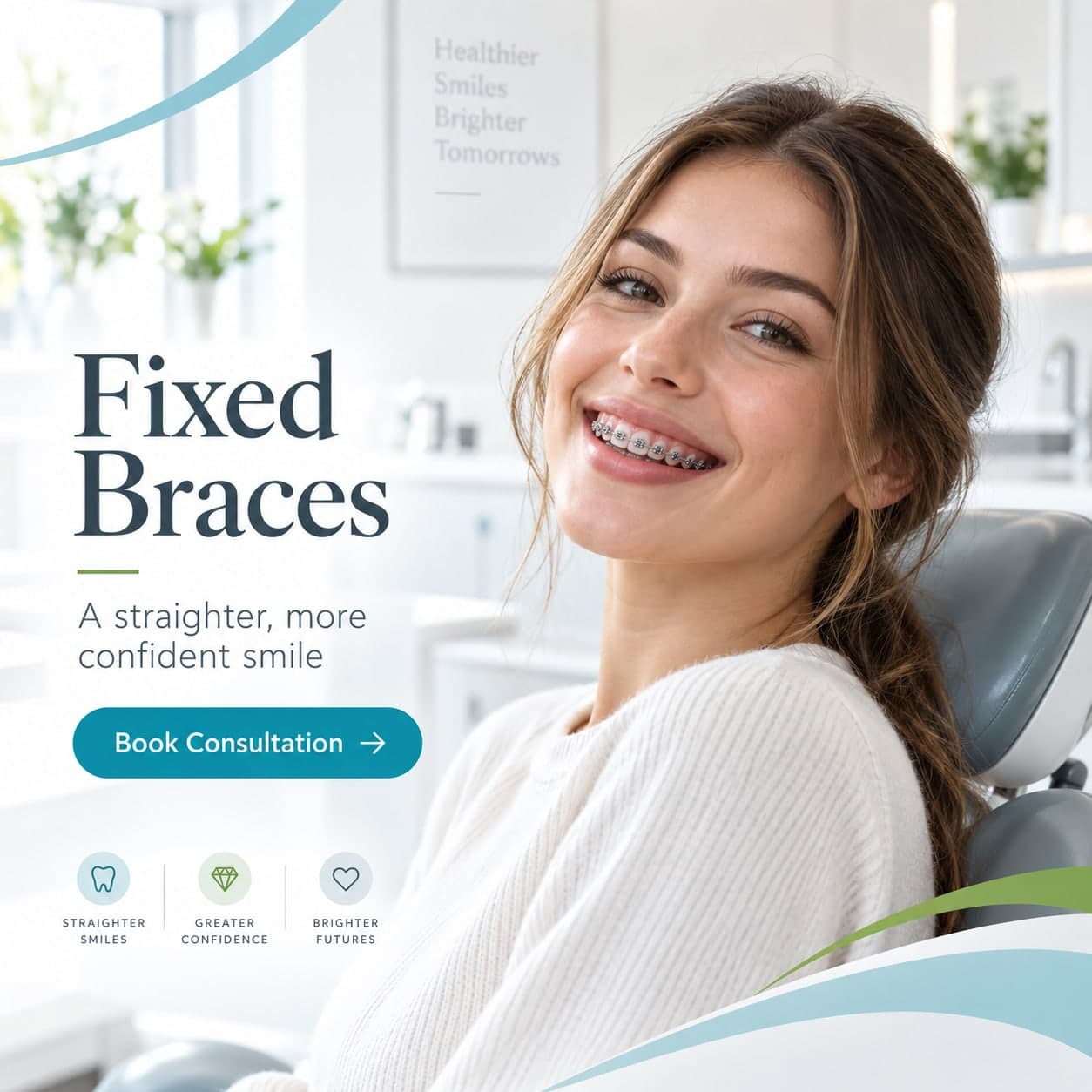 Pure Elegant Smile graphic reading “Fixed Braces — a straighter, more confident smile”, beside a young woman wearing fixed metal braces