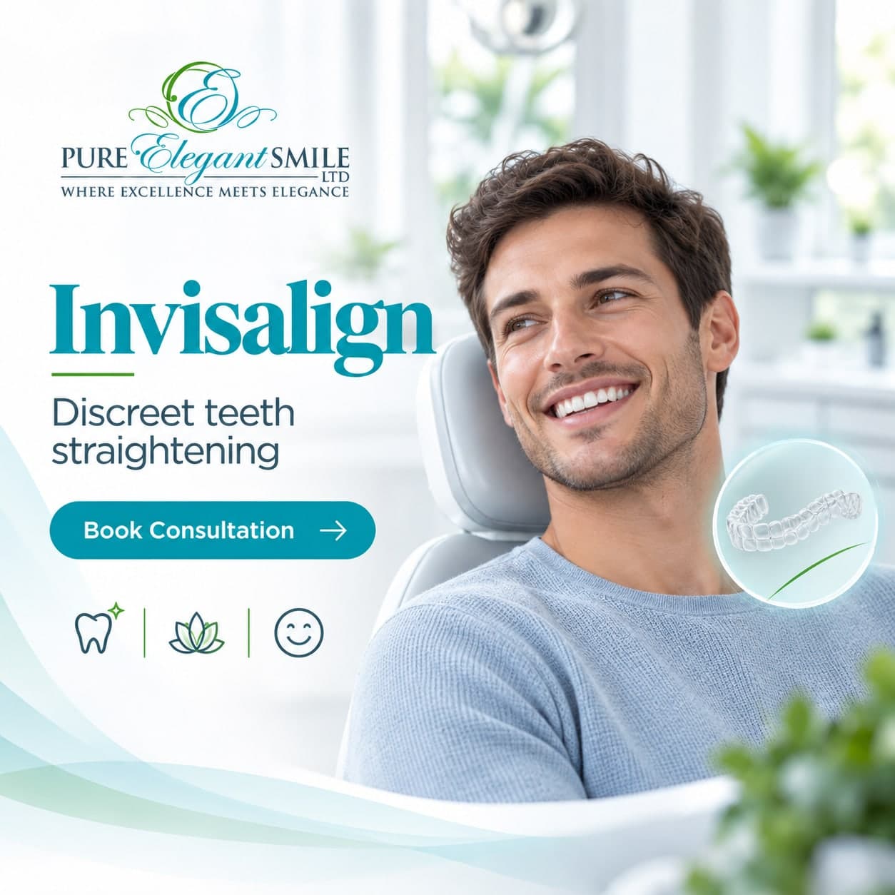 Pure Elegant Smile graphic reading “Invisalign — discreet teeth straightening”, beside a man in the dental chair and an illustration of a clear aligner