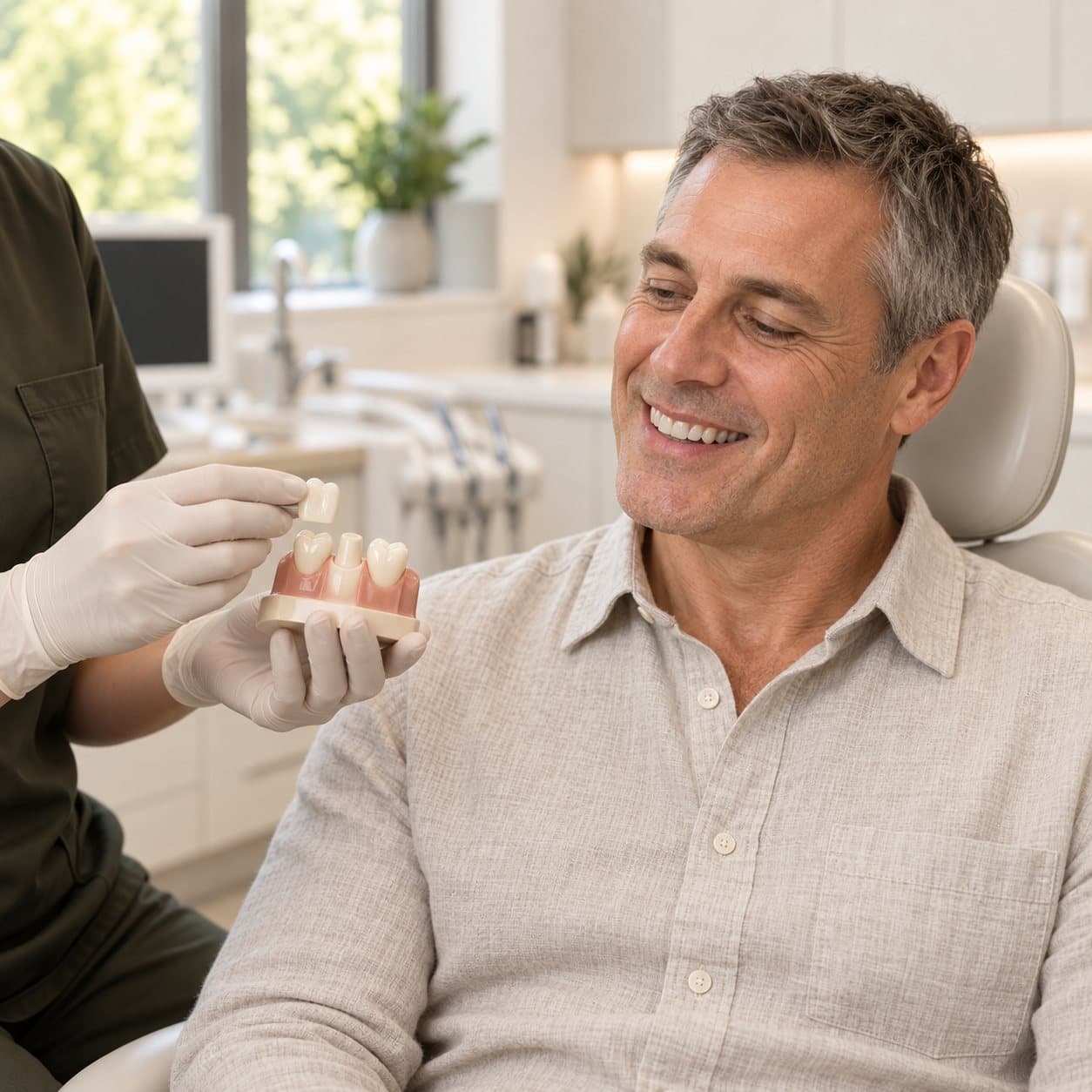 A dentist showing a patient a model of a dental bridge