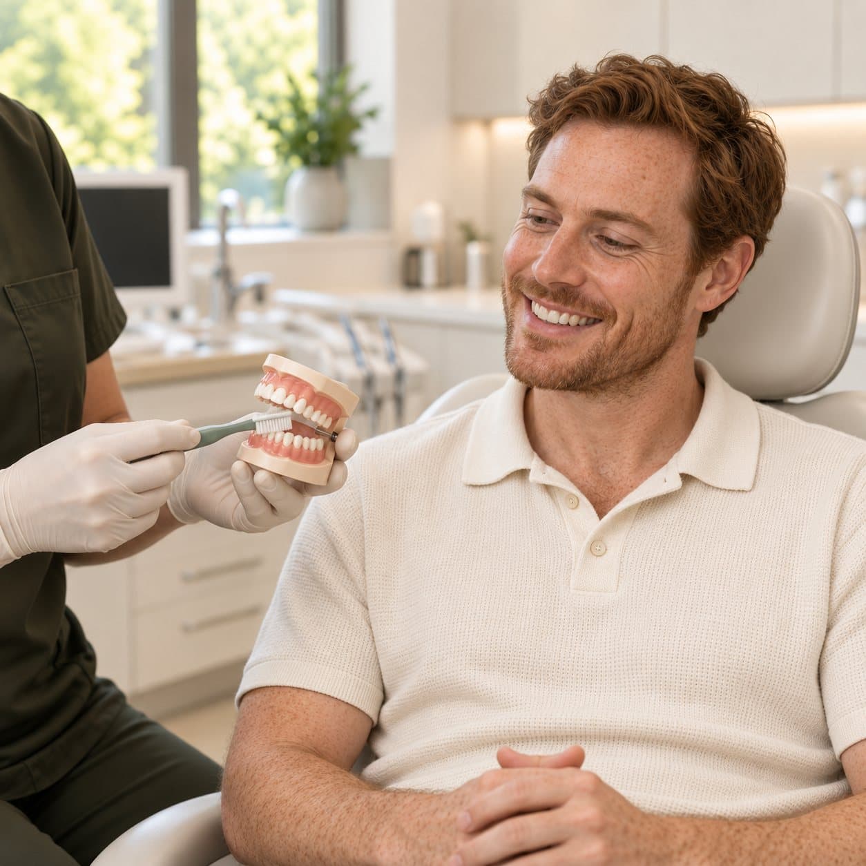 A dentist showing a patient a denture