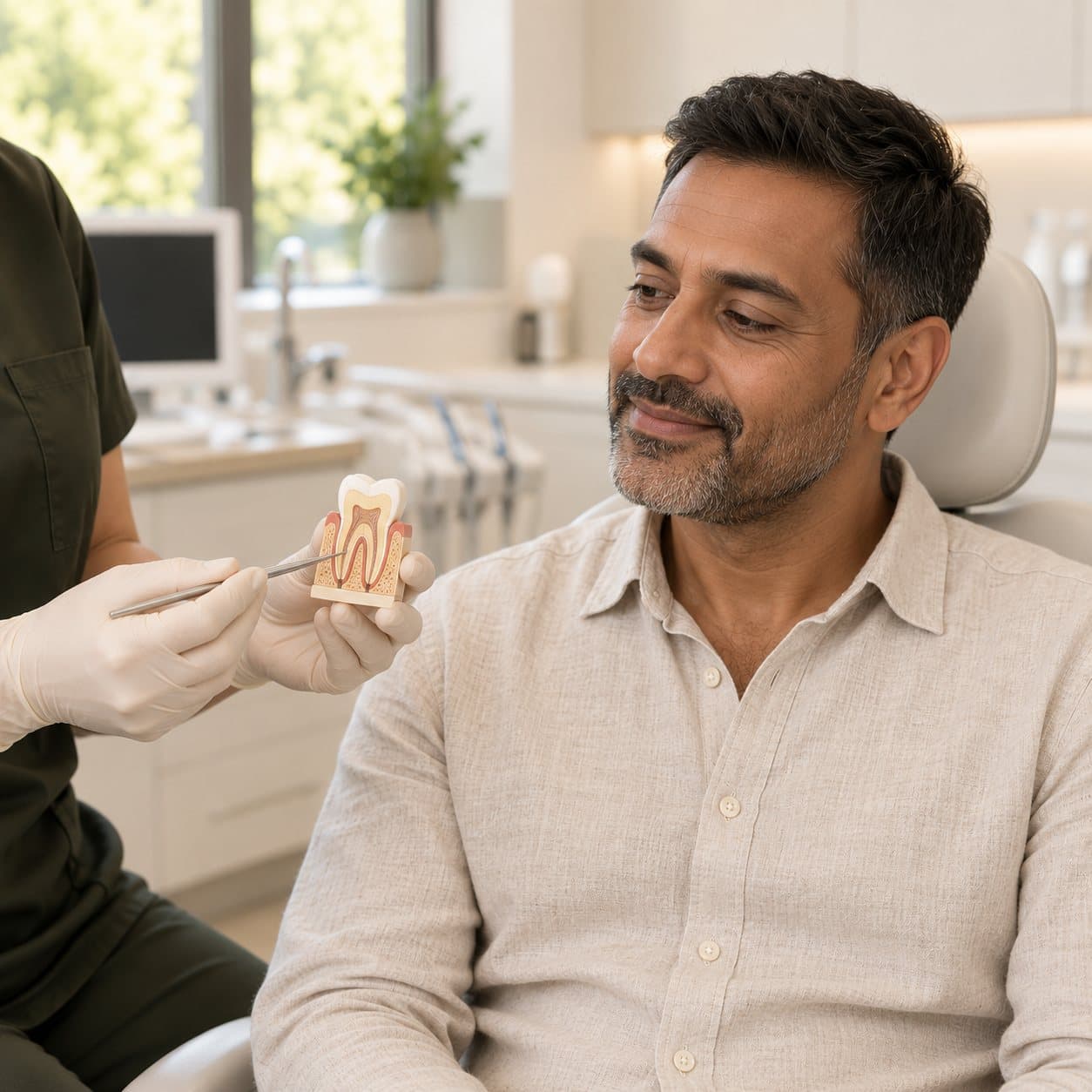 A dentist showing a patient a dental implant model, with the titanium post visible in the bone beneath the gum