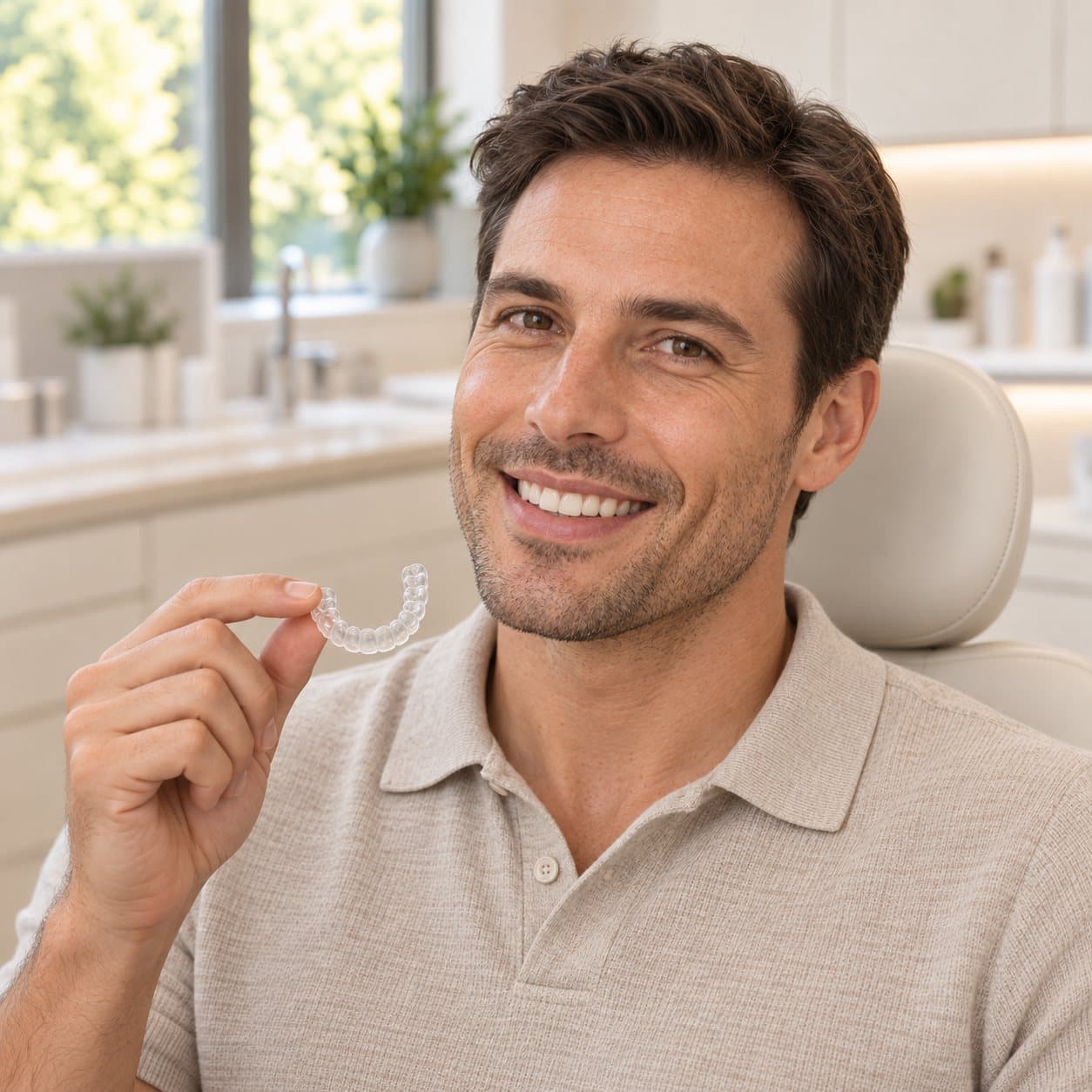 A man holding a clear removable aligner tray
